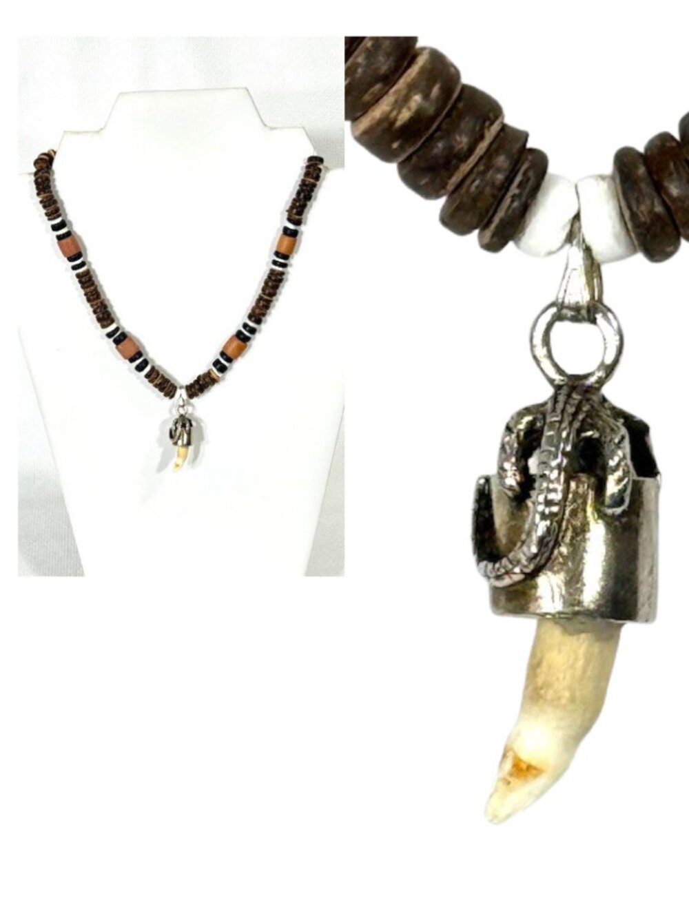 Alligator tooth and wood heishi necklace.